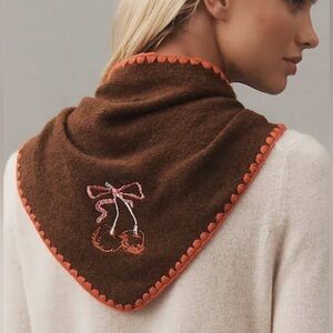 Anthropologie Icon Chocolate Scarf with Cherry Embroidery